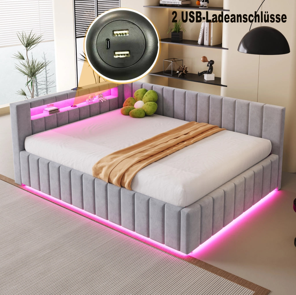 Letto imbottito 140x200 cm con vano, LED e USB grigio