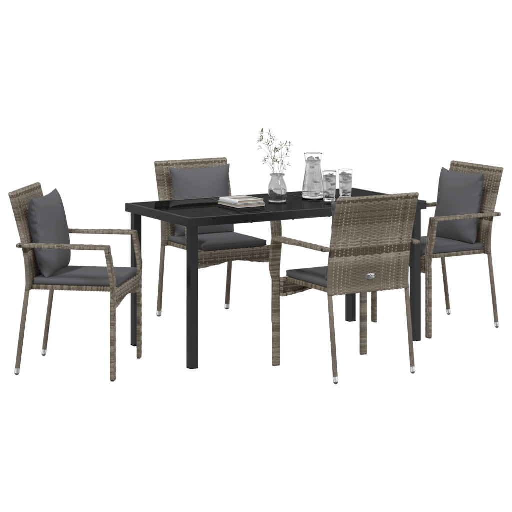 Set da Pranzo da Giardino da 5 Pezzi con Cuscini Grigio Polyrattan