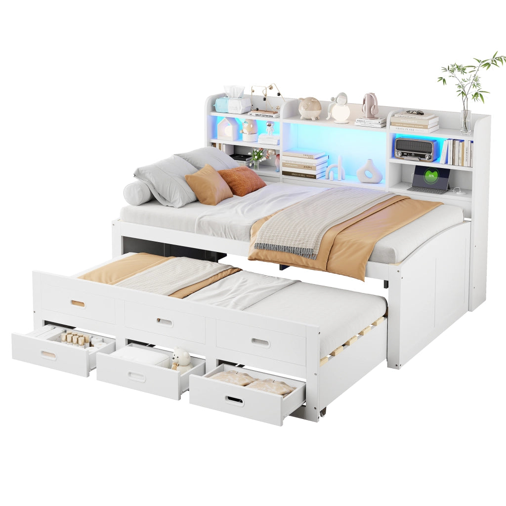 Letto singolo estraibile 90x200 cm con LED; 3 cassetti; vano comodino e USB/Type-C; bianco