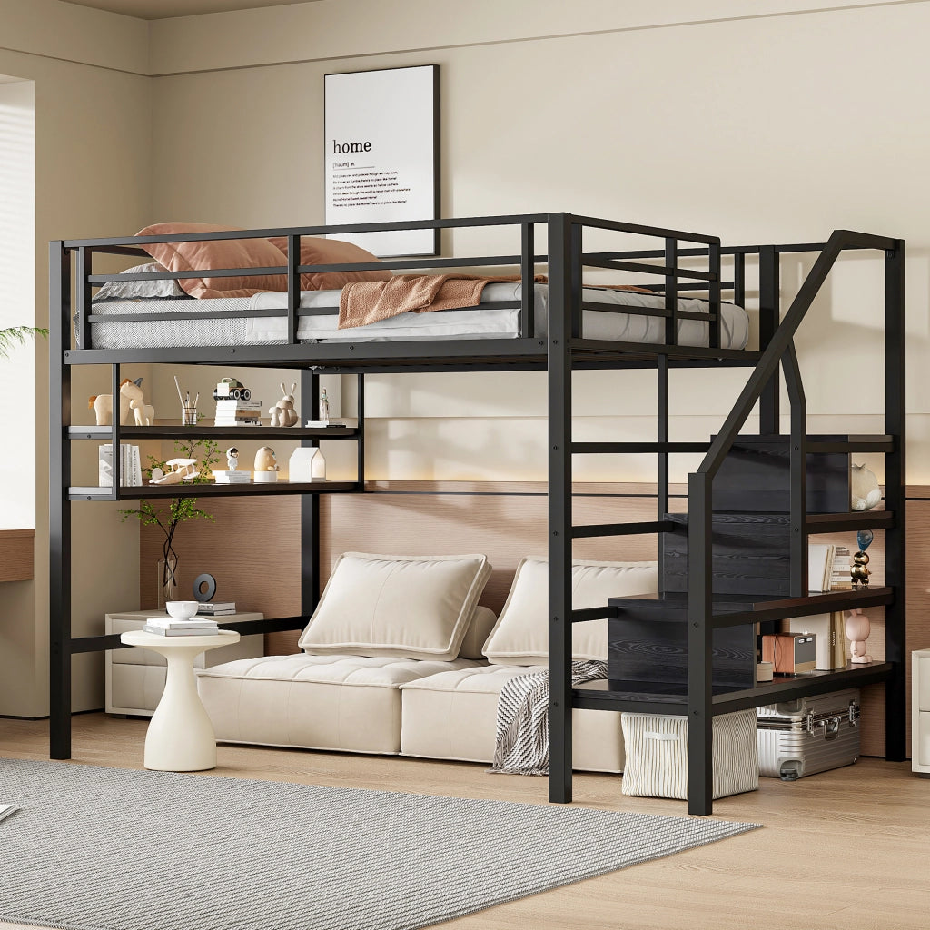 OKWISH Letto a Soppalco 140×200 cm, Letto Matrimoniale con Mensole, Scala con Contenitori e Sponda, senza Materasso, Metallo, Nero