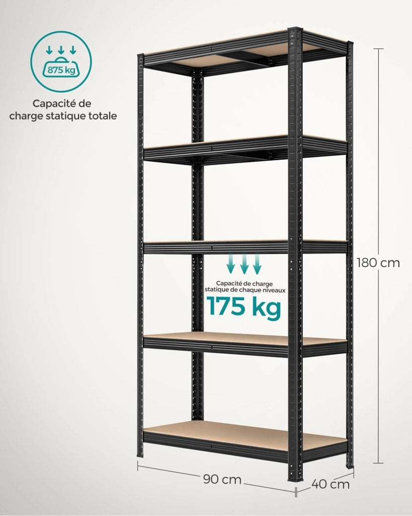 Scaffalatura metallica per carichi pesanti 180 x 90 x 40 cm 5 ripiani portata totale 875 kg (175 kg/ripiano) ripiani regolabili per garage/cantina nero 12_0005582