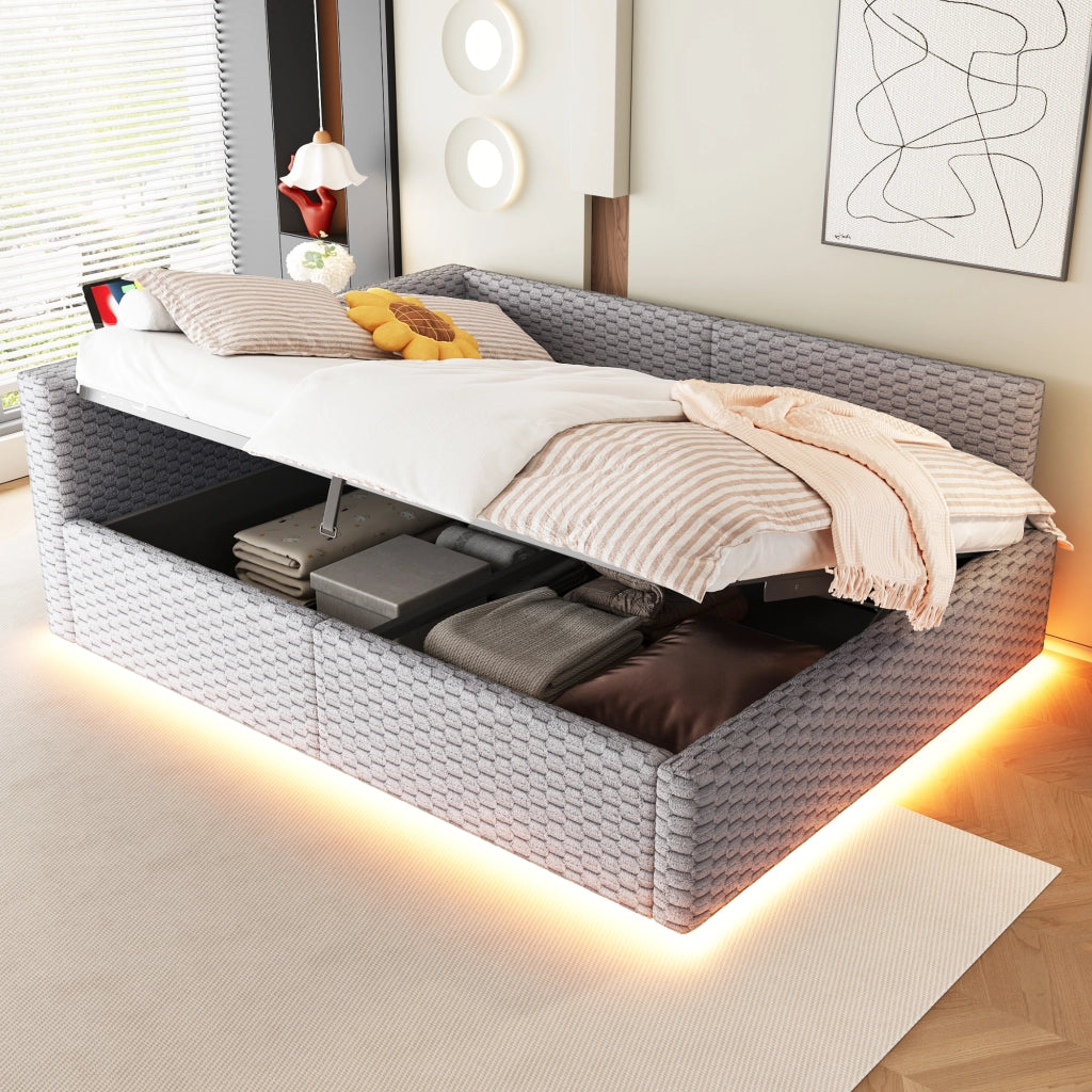 Letto a Divanetto 140x200 cm; Contenitore; LED; USB e Type-C; in Velluto; Grigio