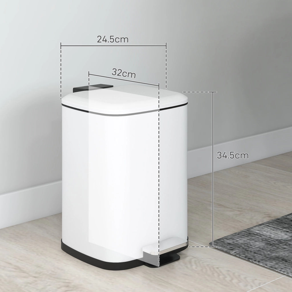 Pattumiera a Pedale 12 Litri 24,5x32x34,5 cm con Chiusura Silenziosa in Metallo e PP Bianco