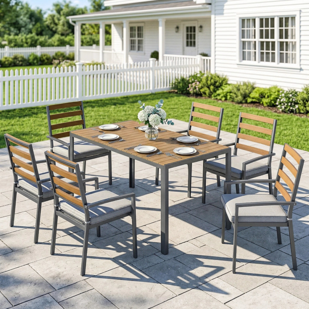 7 pezzi. Set di mobili da giardino; set da giardino con 1 tavolo da pranzo; 6 sedie; cuscini; per terrazza; legno naturale