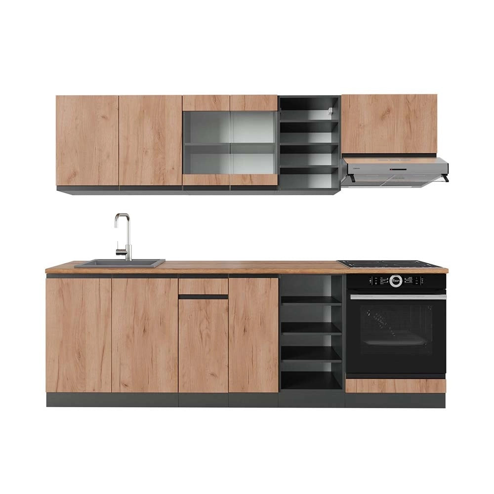 Cucina componibile R-Line Rovere dorato/Antracite 240 cm J-Shape, PL Rovere Vicco