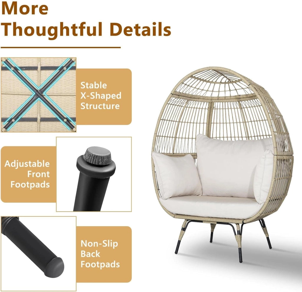 Poltrona da Esterno in Rattan Boho Chic, Portata fino a 180 kg Poltrona da Giardino con Cuscini, Sedia a Forma di Uovo con Struttura in Metallo, Divano per Soggiorno, Terrazza, Marrone