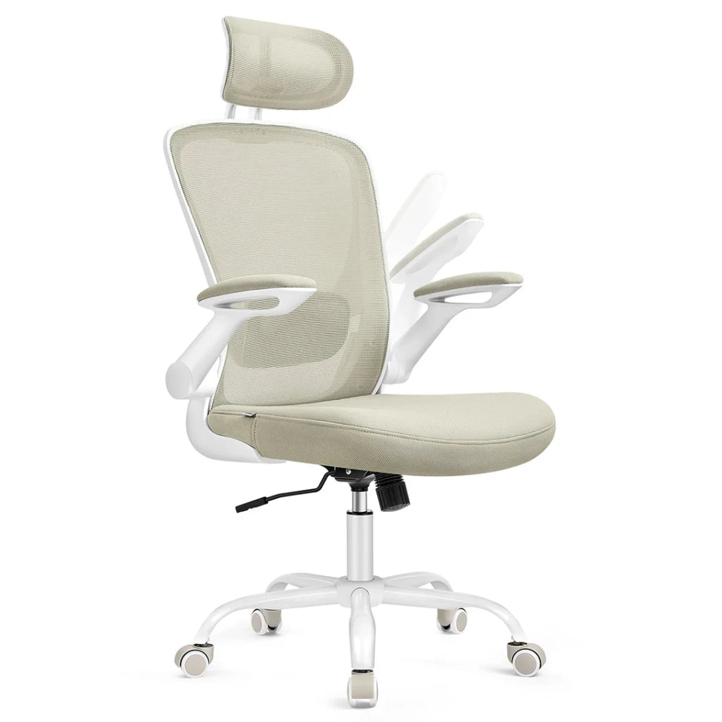 Sedia da ufficio ergonomica in tela con supporto lombare imbottito meccanismo a dondolo seduta larga 53 cm braccioli pieghevoli e poggiatesta beige 12_0004843