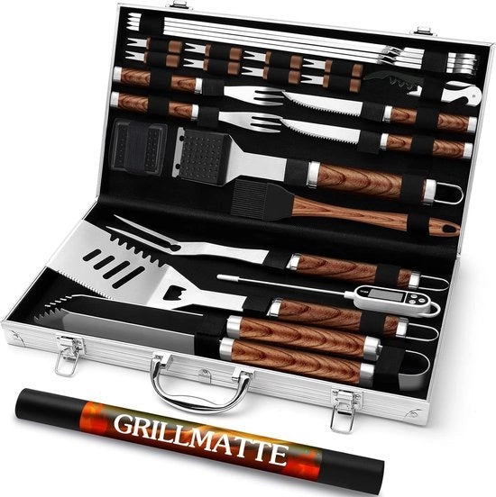 Set di accessori barbecue con 26 pezzi di acciaio inossidabile di alta qualità per utensili da barbecue con borsa portatile, insieme di attrezzi da barbecue perfetto per uomini con termometro per carni e guanti