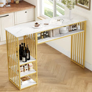 Tavolo da bar con ripiani aperti e struttura in metallo, piano in MDF effetto marmo, per cucina e sala da pranzo, 140 × 40 × 105 cm