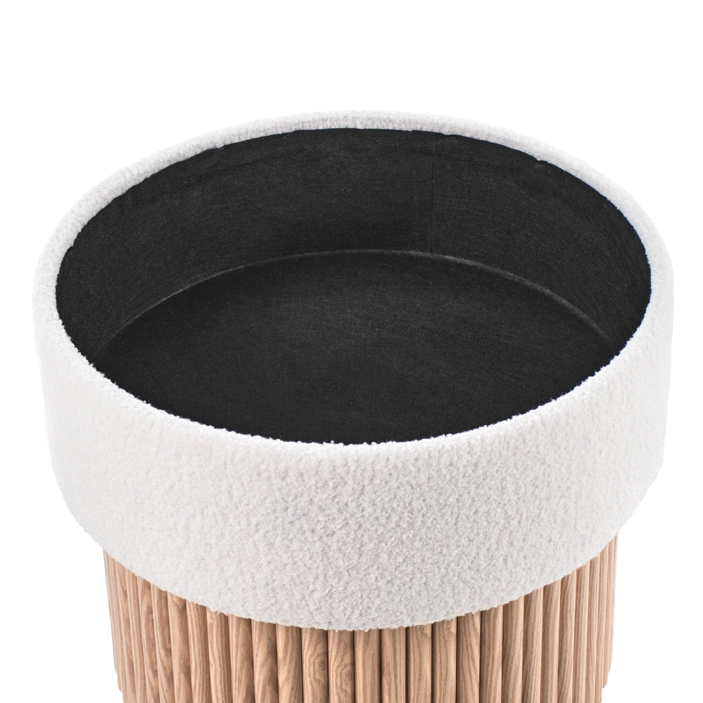 Pouf contenitore Seduta imbottita in bouclé bianco sporco Base in legno Poggiapiedi rotondo