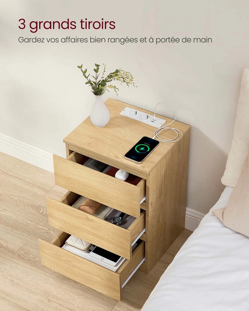 Comodino con multipresa tavolino con 3 cassetti 2 prese CA 2 porte USB frontali dei cassetti smussati per soggiorno camera da letto ufficio moderno marrone 12_0007614