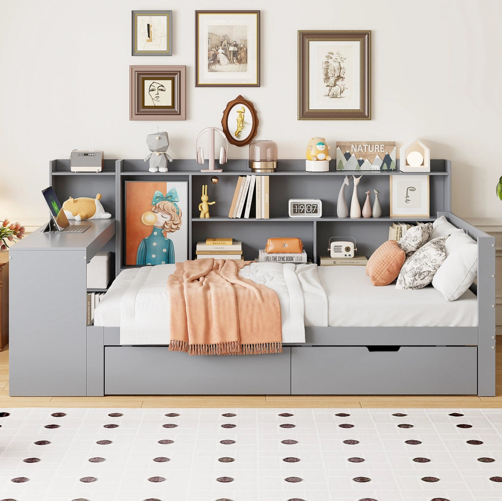 Letto multifunzionale 90x200 cm con scrivania; mensole; prese e 2 cassetti; grigio