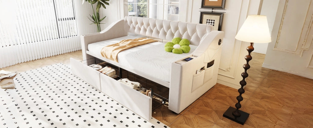 Letto divano con funzione letto in velluto beige 90x190 cm