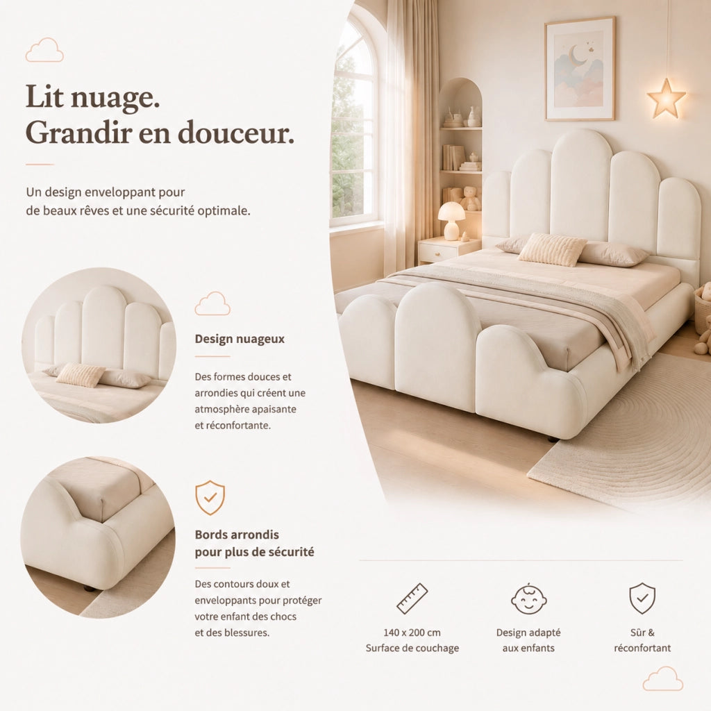 DESMIU Letto per bambini 140 × 200 cm 2 posti con testiera imbottita e angoli arrotondati, senza materasso, velluto beige