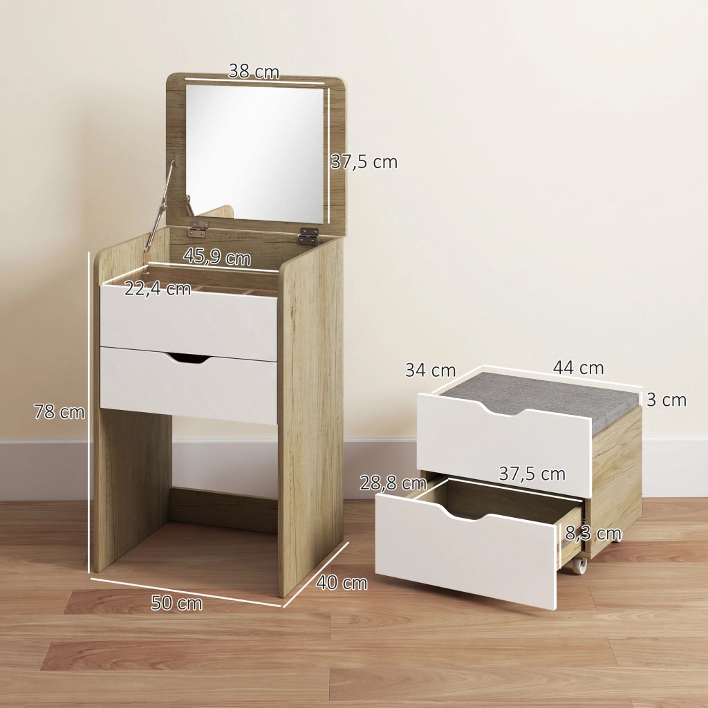 Coiffeuse avec Miroir et Tabouret 3 en 1 2 tiroirs Chêne et Blanc