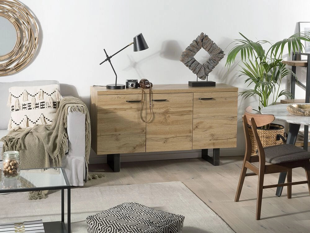 Madia credenza a 3 ante in legno chiaro con base metallo a slitta grigia alluminio con ripiani Mobile contenitore per la casa industriale