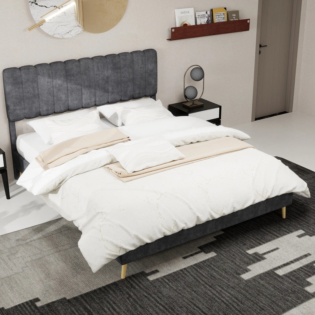 Letto Matrimoniale 160x200 cm; 2 Posti - Struttura Bassa; in Tessuto e Metallo - Grigio