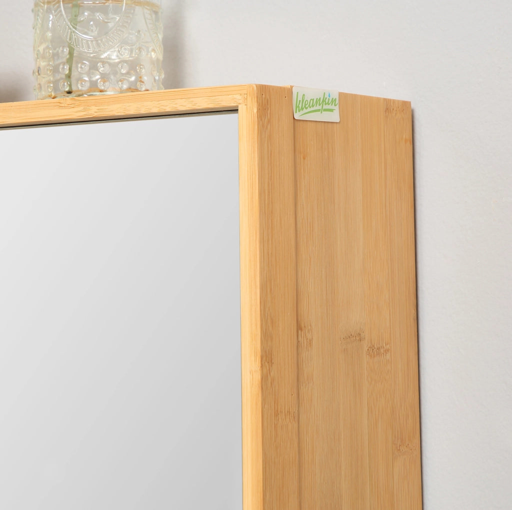 Armadio Specchio da Bagno in Bambù Naturale con Doppia Anta e 3 Ripiani 65x14x50 cm