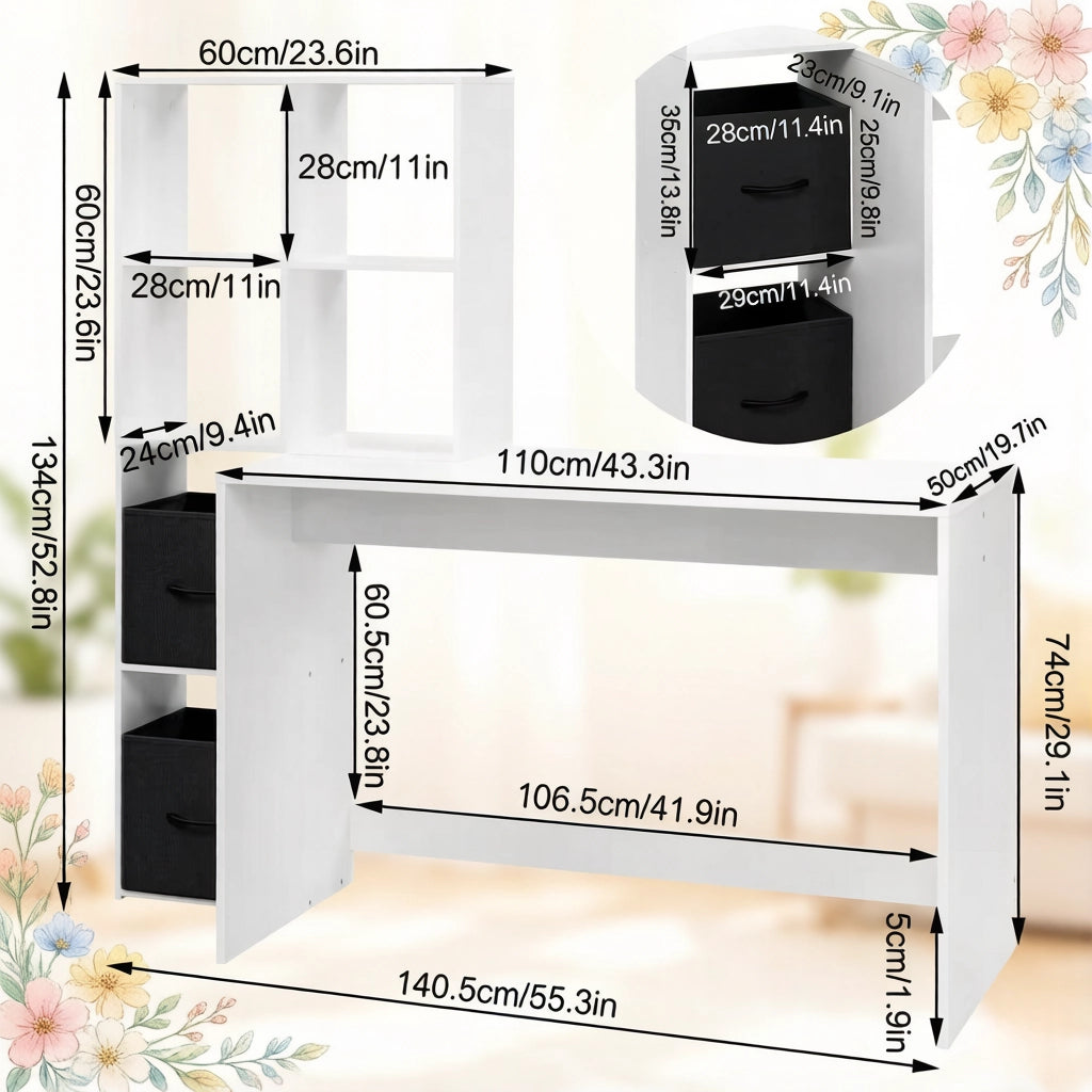 Scrivania con libreria e scomparti laterali con cassetti in tessuto in legno bianco moderna 110 × 74 × 50 cm