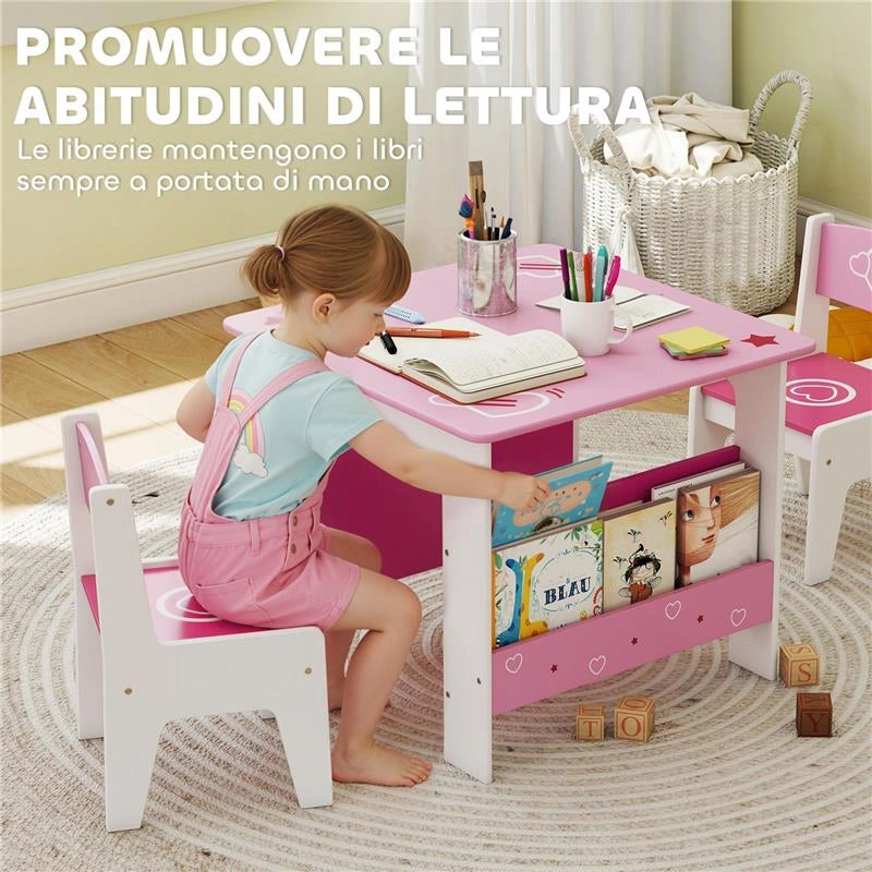 SET TAVOLO CON 2 SEDIE PER BAMBINI 3-8 ANNI, TAVOLINO CON SCAFFALE IN LEGNO MDF CON DISEGNI A CUORI, ROSA