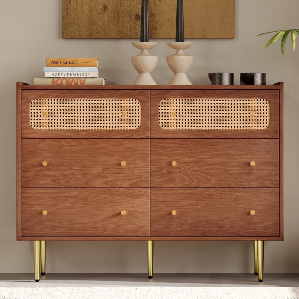 Cassettiera con 6 Cassetti e Ripiani in Rattan ¨C MINIMAL ¨C Noce 120x40x90 cm