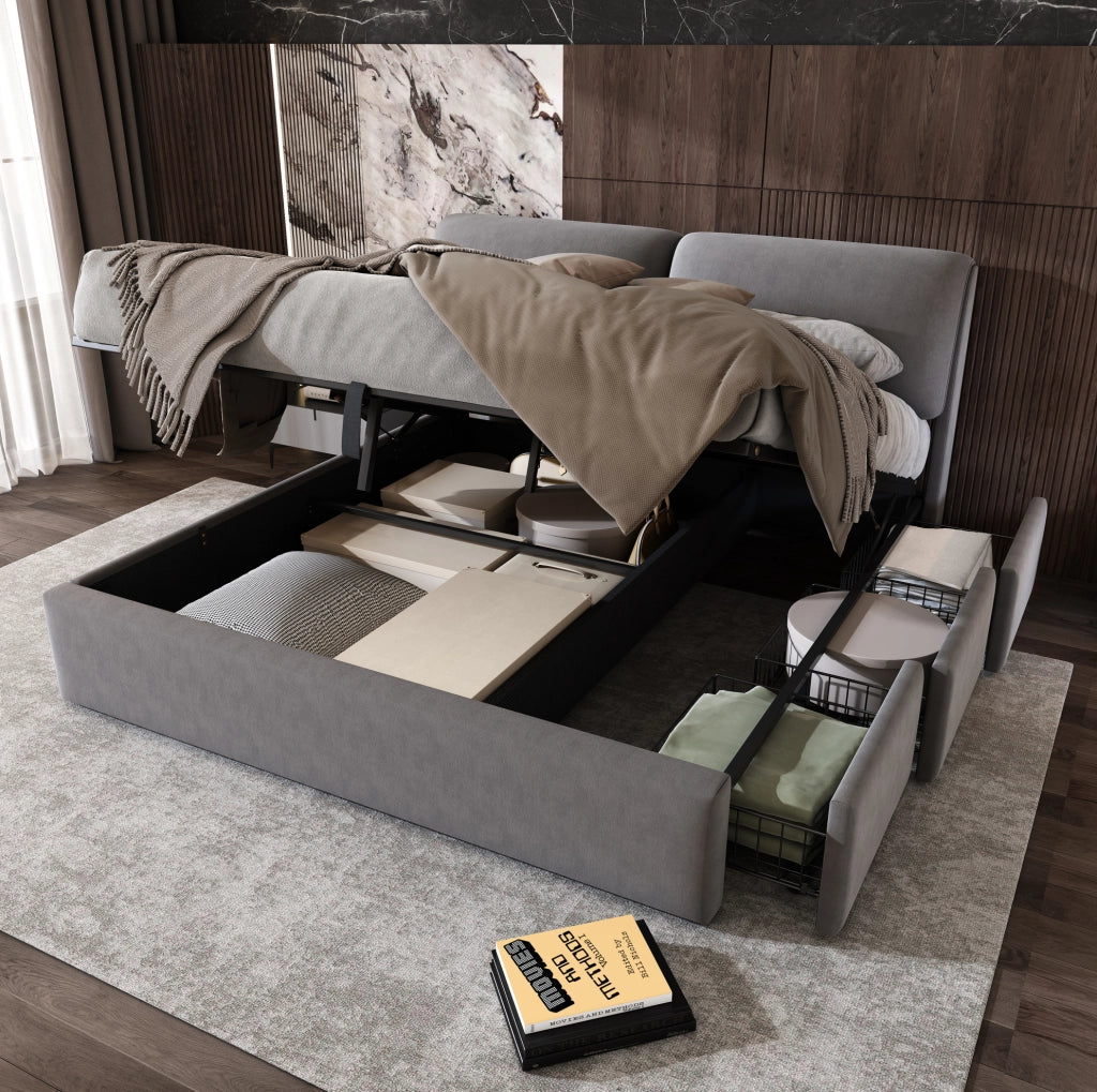 Letto imbottito 180x200 in velluto grigio con contenitore; 3 cassetti e testiera regolabile