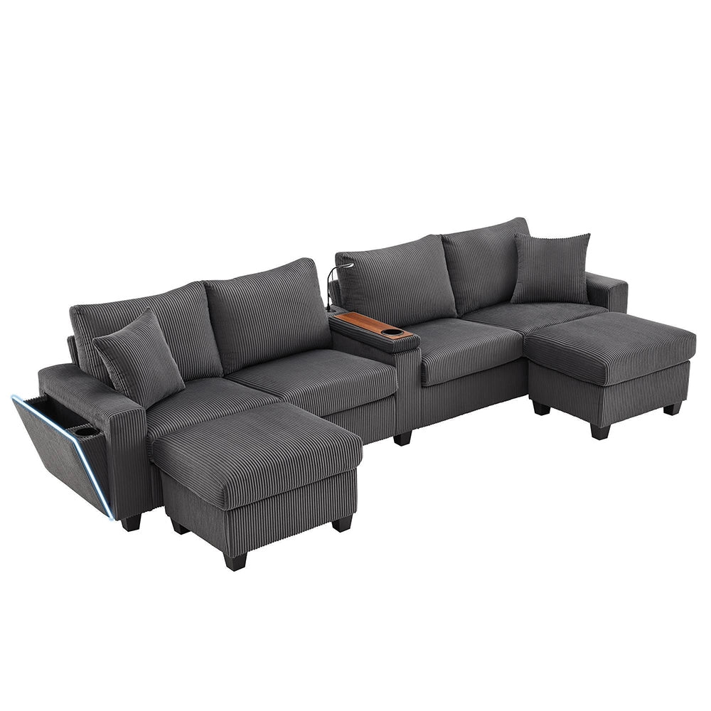 Divano a U in velluto costato - Xylo - 334x128,5x81cm - Grigio - 2 sgabelli, luce lettura, vassoio, porta-bevande, USB/Type-C, braccioli LED