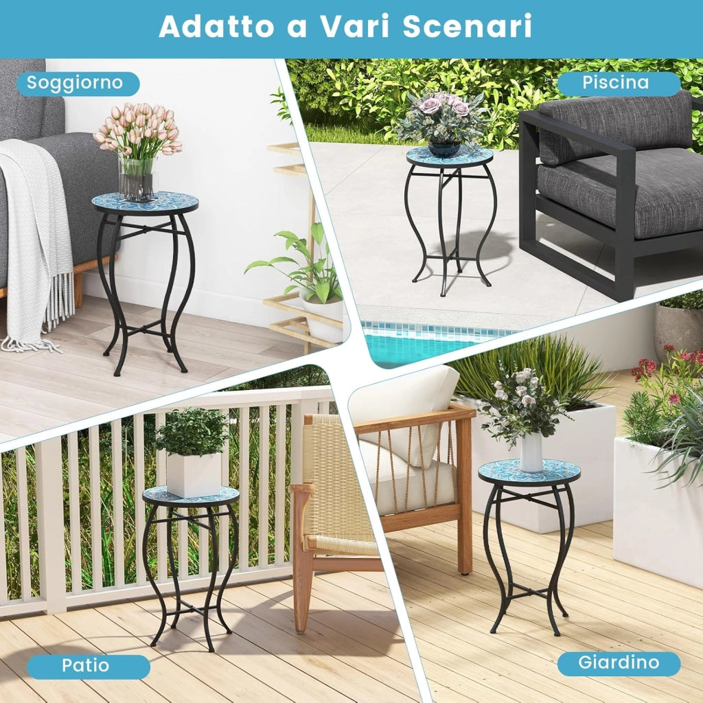 Tavolino per Esterno ed Interno, Tavolino Rotondo con Piano in Piastrelle di Ceramica e Gambe di Metallo, Tavolino Porta Piante da Balcone, Giardino e Salotto