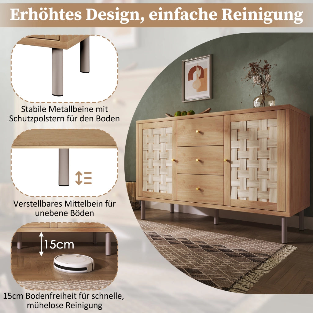 Credenza con 2 ante; 3 cassetti e ripiani regolabili - in legno - 120x40x75 cm - rovere