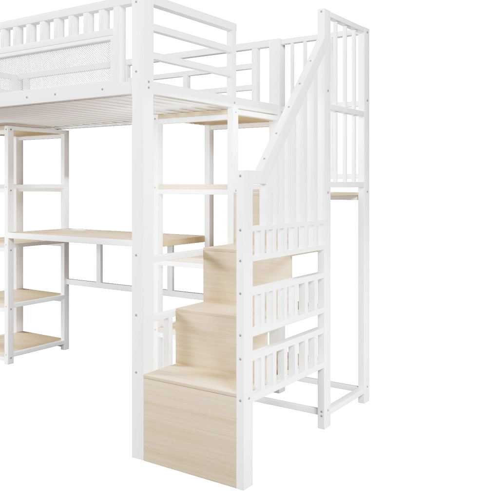 Letto a soppalco 90x200 cm bianco con scrivania, LED, USB e scala contenitore