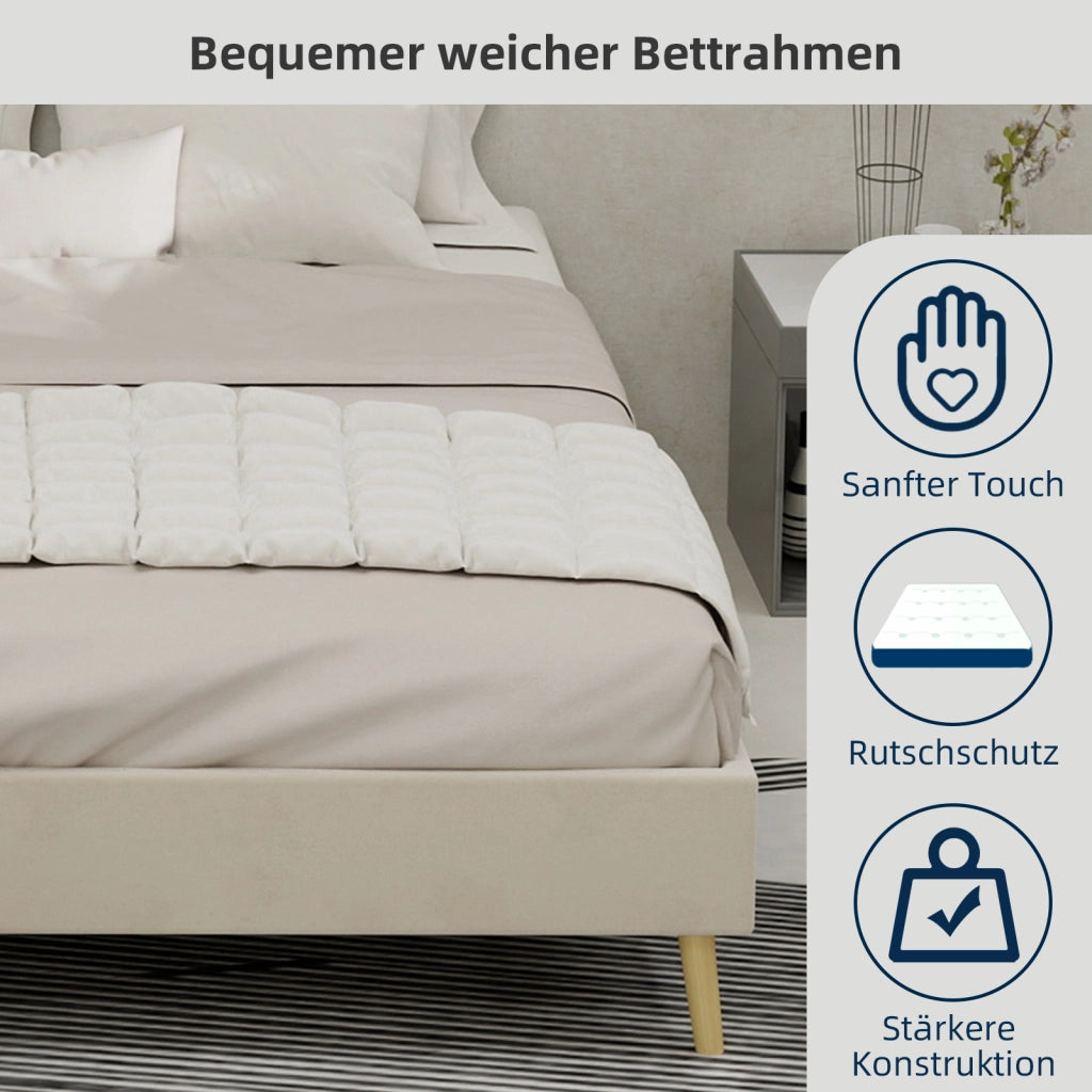 Letto singolo 140 × 200 cm con base ribassata, struttura stabile, senza materasso, in tessuto e metallo, beige