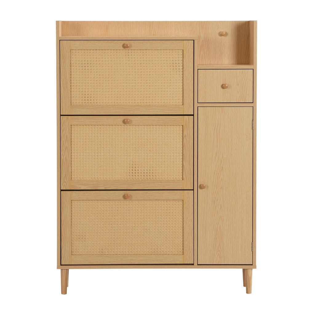 Armadio portascarpe salvaspazio in MDF con ante a ribalta, 1 cassetto e piedini in legno, colore naturale, 90 x 125 x 17 cm