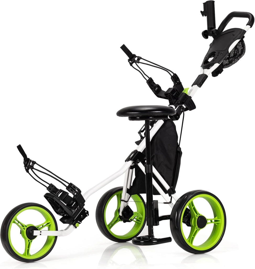 Carrello da Golf Pieghevole con 3 Ruote, Trolley da Golf Altezza Regolabile di Alluminio con Sedile, Porta Ombrello e Porta Bevande