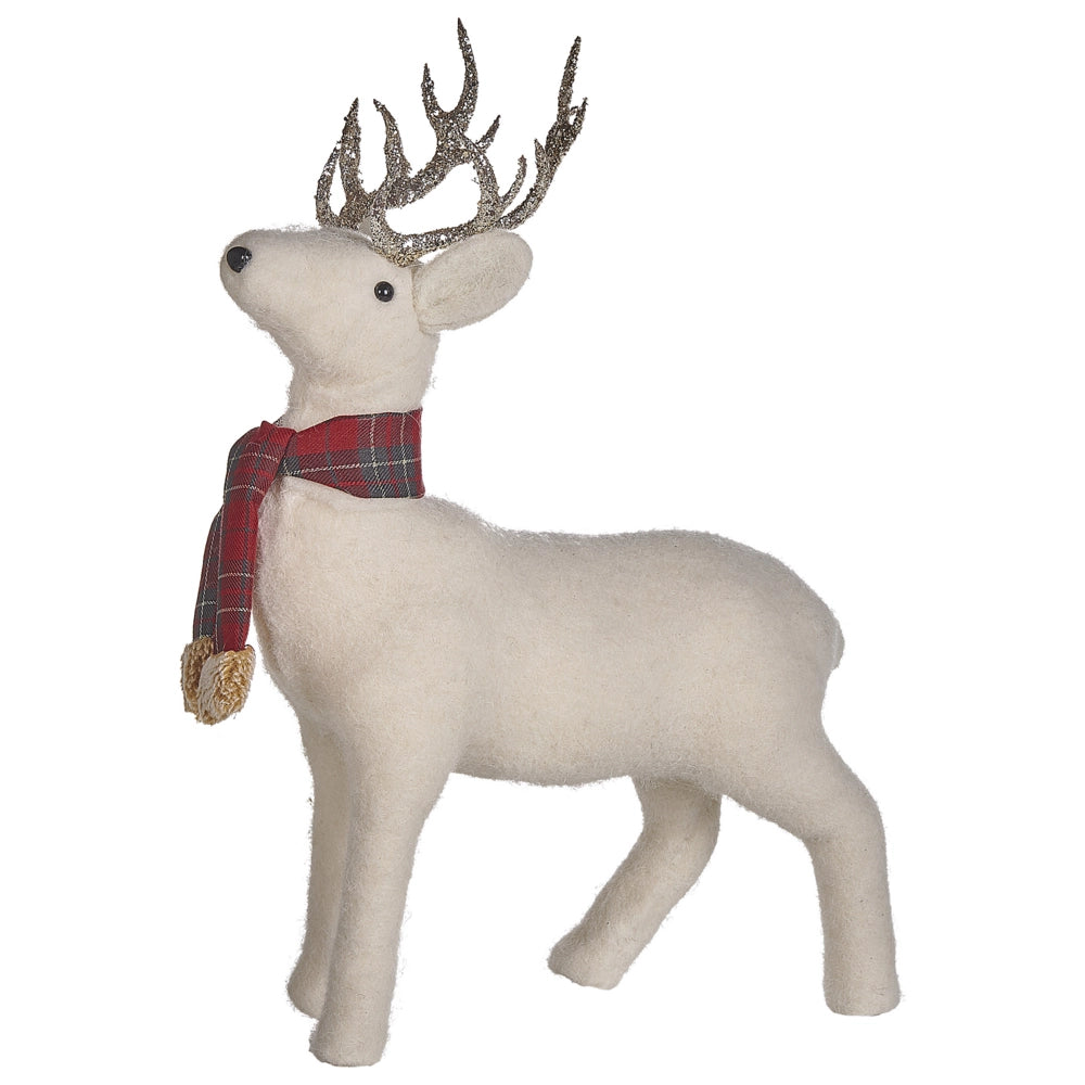 Figura decorativa renna ecopelle bianco argento rosso verde 48 cm natale soggiorno