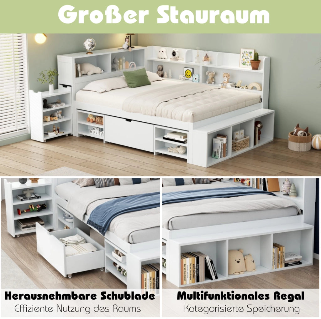 Letto per bambini 140 x 200 cm bianco con cassetti, libreria e armadi