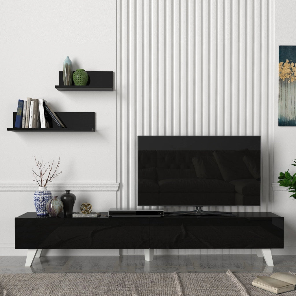 Set di Mobile TV e 2 Mensole da Muro Armadietto Porta TV 180 cm con 2 Ante a Ribalta e Mensole a Forma di L Lunghezze Diverse - Nero [en.casa]