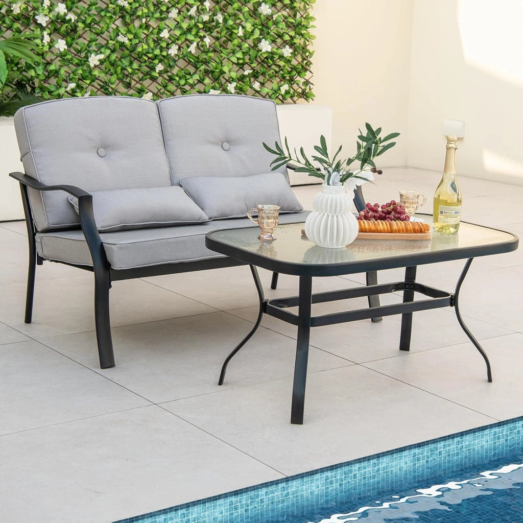 4 Pezzi Set di Mobili da Giardino, con Cuscini e Tavolino in Vetro Temperato, Struttura in MetalloSet di Divani da Esterno per Giardino Cortile e Piscina (Grigio)