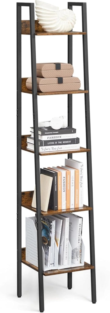 VASAGLE Scaffale a scala a 5 livelli, mobile portaoggetti su piedistalla, scrivania, soggiorno, camera da letto, cucina, stile industriale, marrone rustico e nero LLS109B01