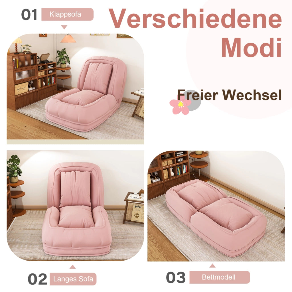 Divano letto ergonomico pieghevole con schienale a 5 posizioni e 2 cuscini in tessuto corduroy rosa