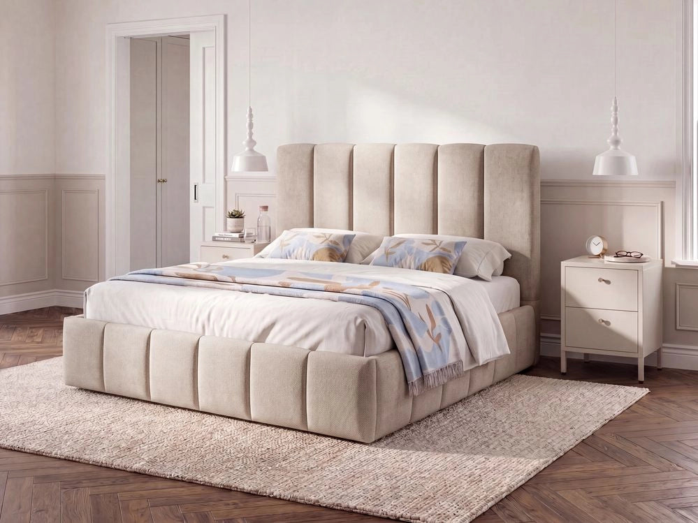 Letto matrimoniale contenitore con trapuntatura verticale in tessuto tortora 140x200 cm struttura sollevabile e testiera alta