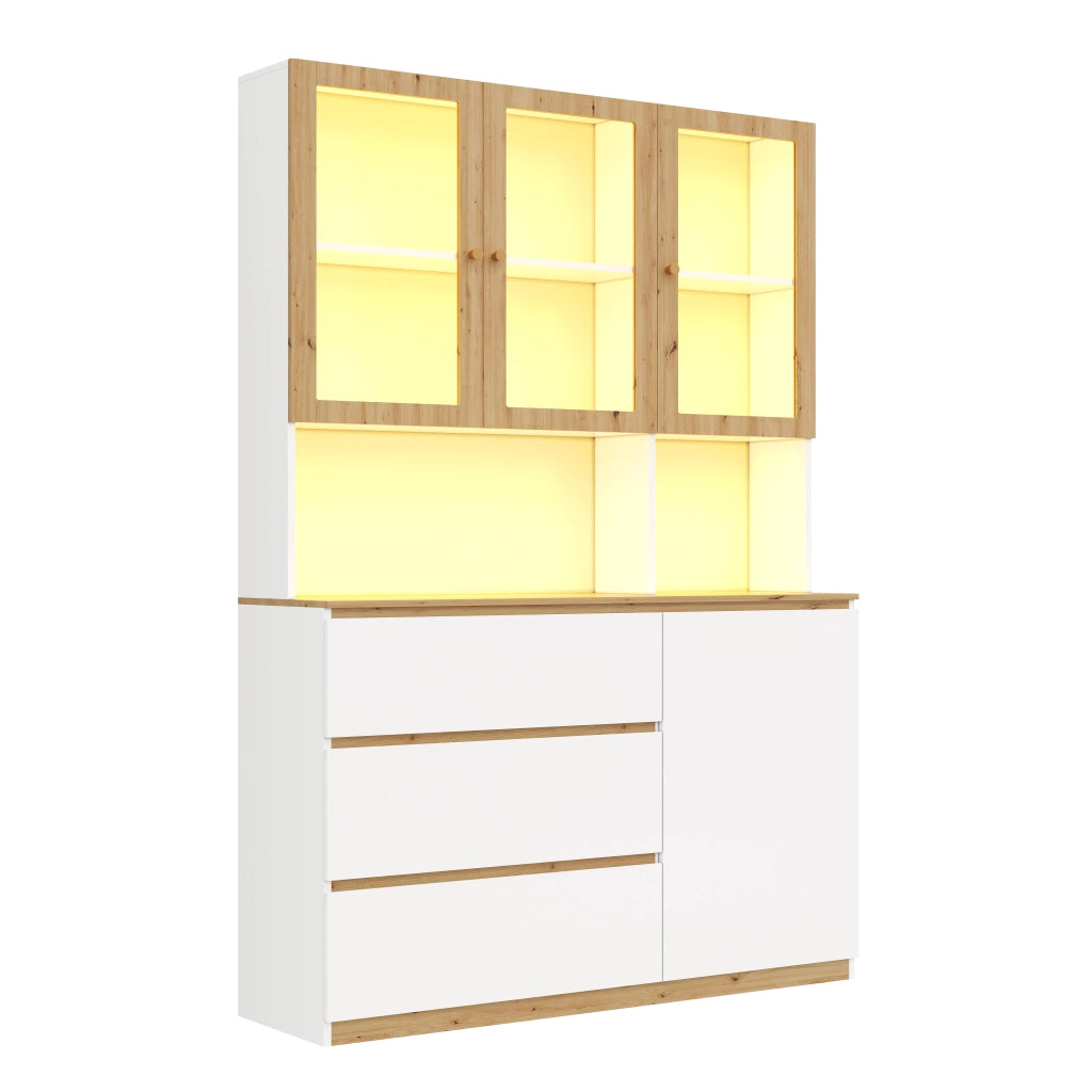 Vetrina alta multifunzione con LED, 120 x 200 cm, bianco e rovere, MDF