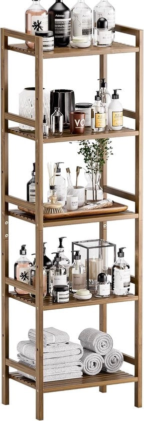 Cassettiere per bagno in bambù - 5 livelli, libreria a scaffale libero con pannelli regolabili - mobile alto e sottile per la conservazione dello spazio per ufficio in casa - noce