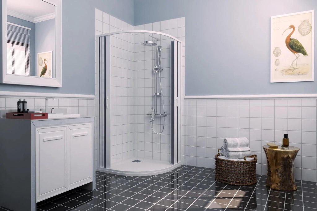 Box Doccia Semicircolare 2 Ante a Soffietto in PVC Apertura Centrale H185 cm Dorini Bianco 90x90 cm