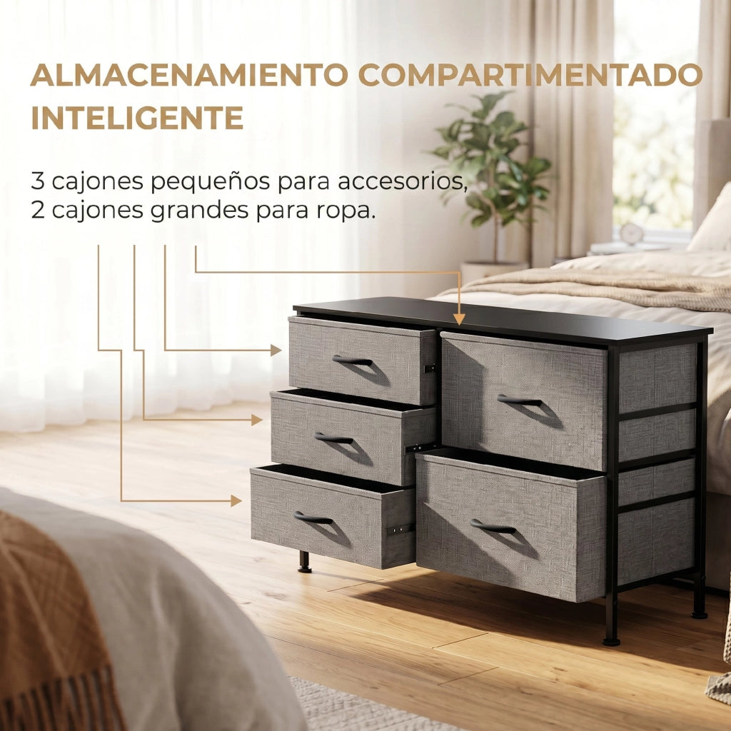 Cassettiera 5 Cassetti Tessuto Grigio Nero ¨C Zephmum ¨C Acciaio 60x40x138
