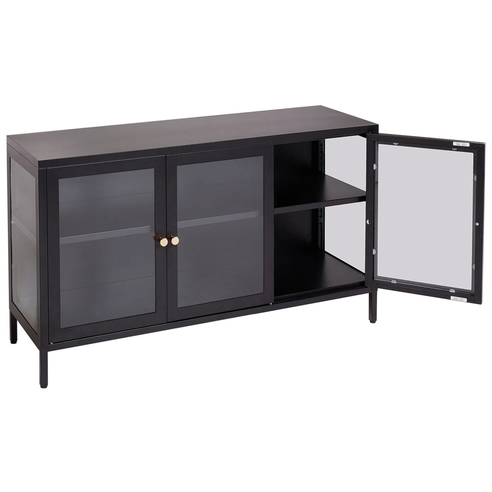 Credenza a 3 ante in acciaio nero con vetro temperato, ripiani regolabili, tappi per le gambe, mobili per il soggiorno dal design moderno.