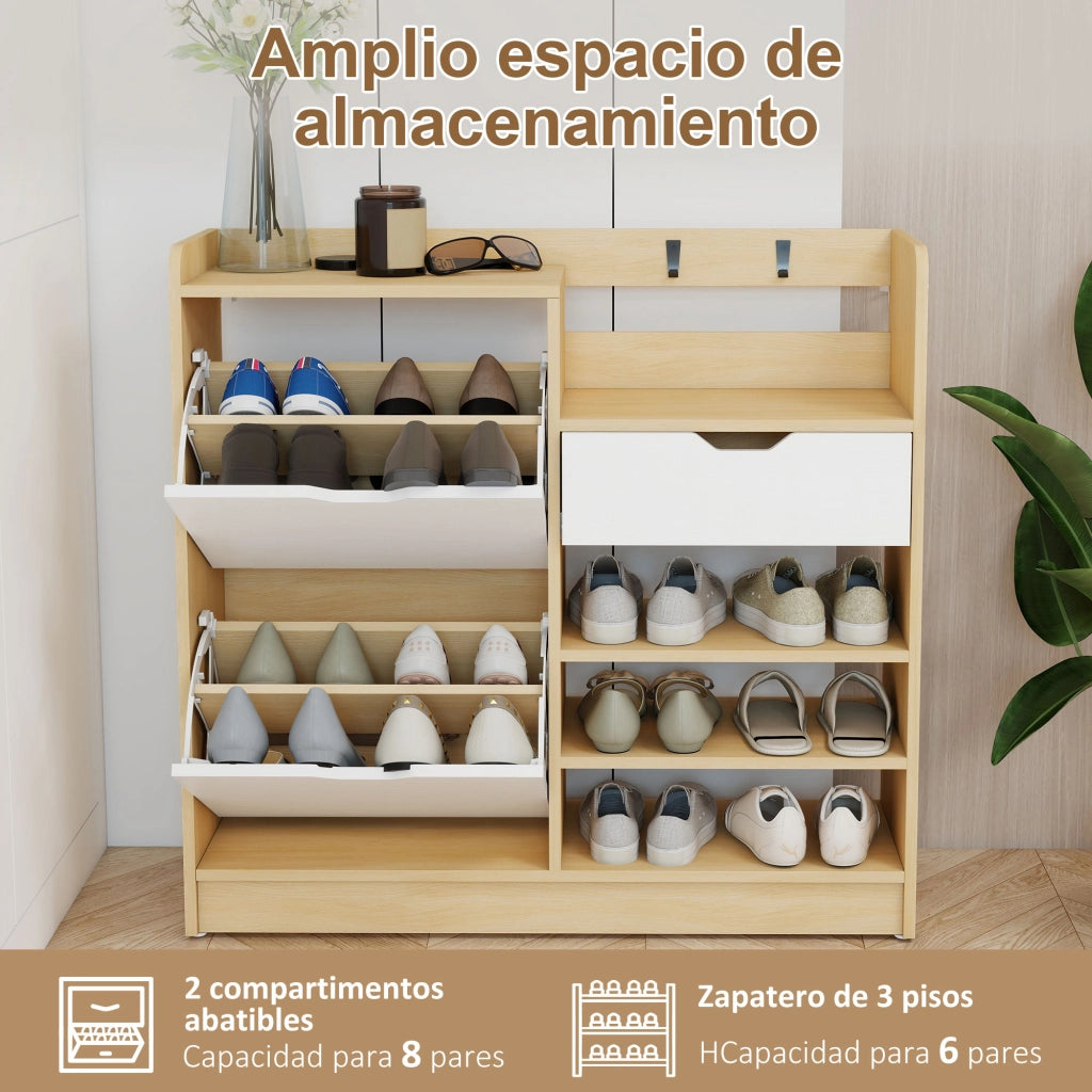 Scarpiera Ingresso con Cassetto Appendiabiti 4 Ganci 14 Paia ¨C Xylo ¨C Legno Naturale Bianco