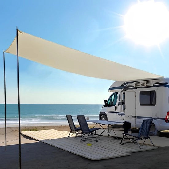 Kit di protezione per campeggio autocampista acqua resistente - UV resistente - 2 stanghe per tenda - 2 morsetti - 4 tiranti di vento - 4 pali di terra - 2 m (Altezza) x 4,3 m (Larghezza) - Kit di protezione per campeggio