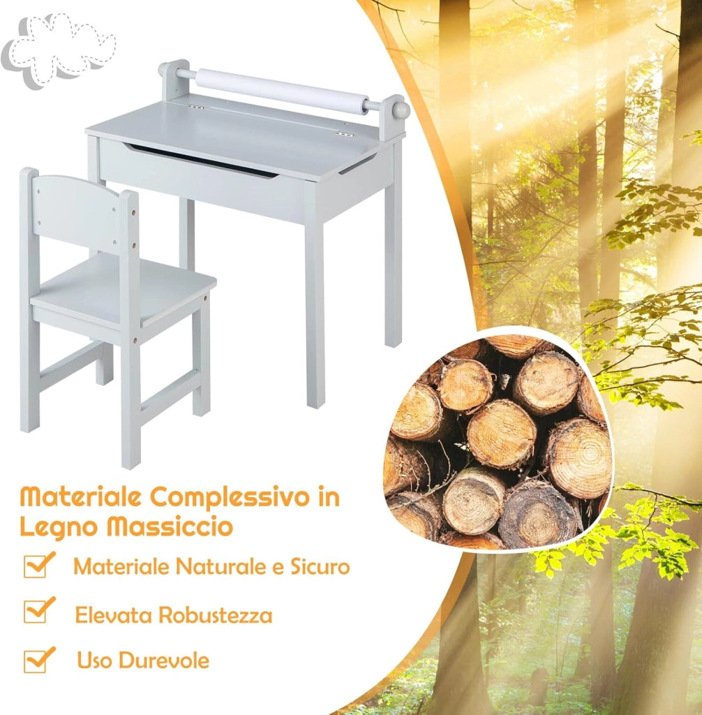 Set Tavolo e Sedia d’Arte per Bambini 3+ Anni, Scrivania in Legno di Pino da Disegno con Portarotolo, Piano Ribaltabile & Vano Portaoggetti, Rotolo di Carta (10m) e 2 Pennarelli (Grigio)