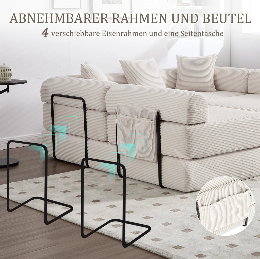Divano modulare in velluto a coste beige 270x180x64 cm con tasca laterale e funzione letto