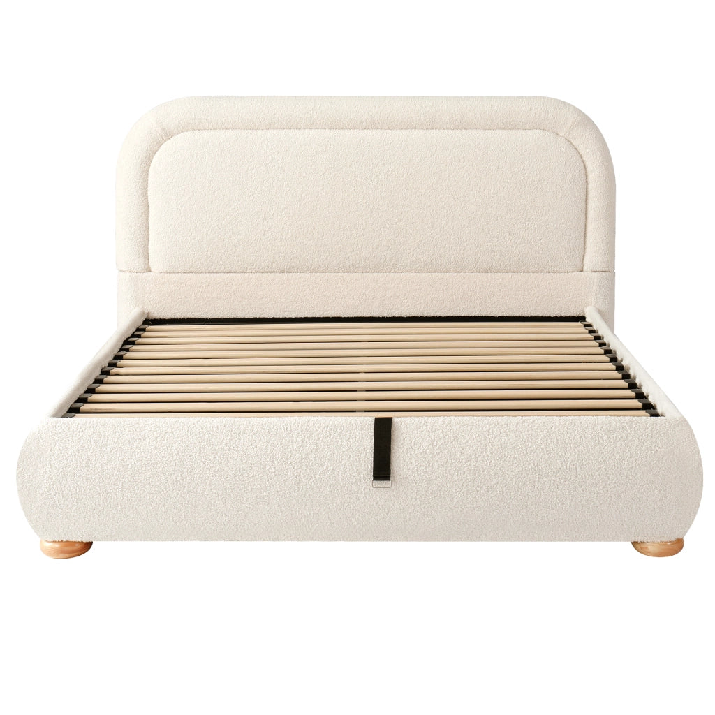 Letto matrimoniale 140 x 190 cm con contenitore idraulico, testiera imbottita e tessuto bouclé beige